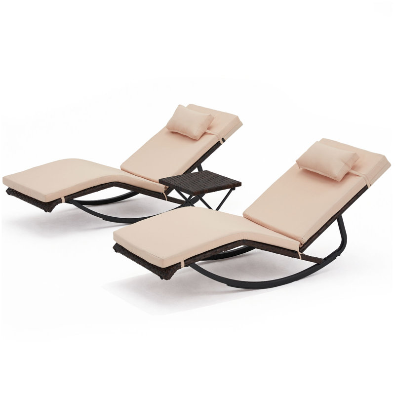 Outdoor Lounge Chair Set Of 3, Patio Chaise Lounger With Folding Table And Adjustable Headrest, Easy 4-step Assembly, All-weather Pe Rattan & Steel Frame For Pool, Patio, Porch, Backyard(khaki)