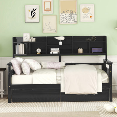Daybed, Wood Slat Support, with Bedside Shelves and Two Drawers