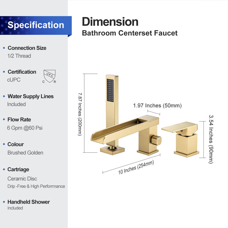 1 Handle Wall Waterfall Faucet with Diverter, Brushed Gold