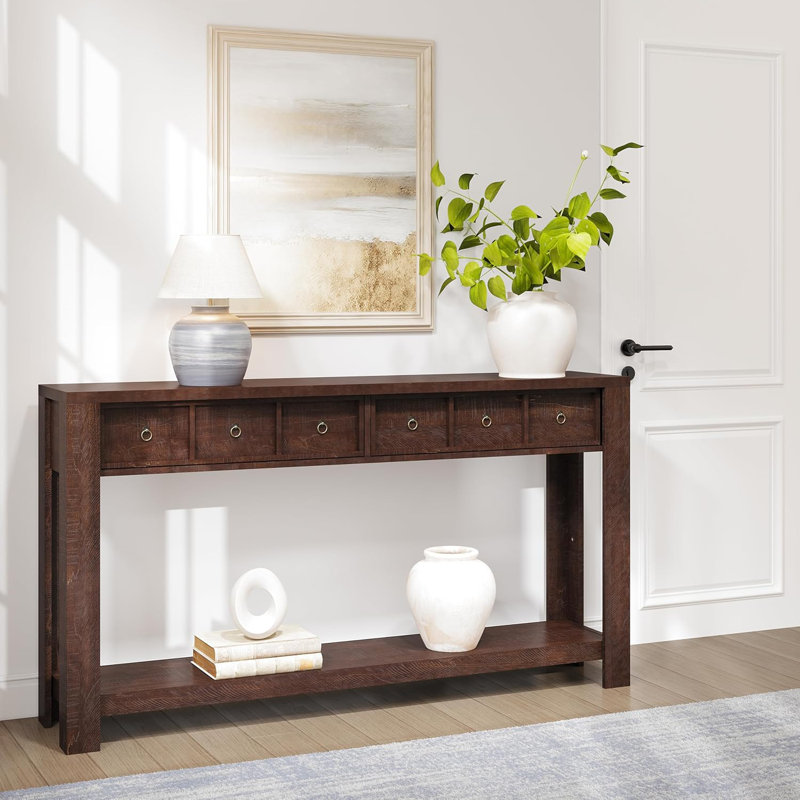 Farmhouse Wooden Console Sofa Table with 2 Drawers & Open Storage Shelf for Entryway Living Room, Brown
