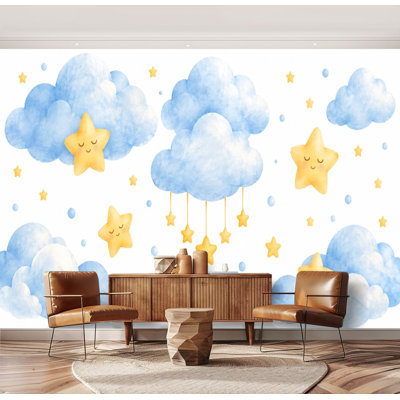 Wall Mural Peel and Stick Cloud Star Cute Nursery Blue Watercolor Clouds Large Wallpaper Self-Adhesive Removable Contact Paper Wall Decor for Living Room Bedroom Nursery 100"H x 144"W
