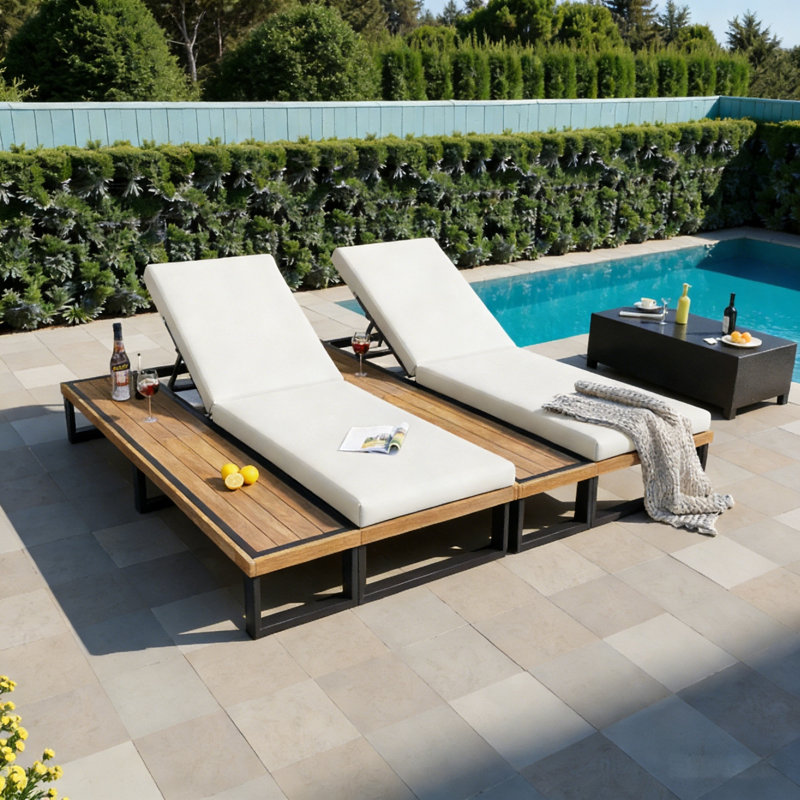 (set Of 2)outdoor Chaise Lounge Chair With 5-position Adjustable Backrest, Reclining With Cushion, Patio Lounger,beige, Beige