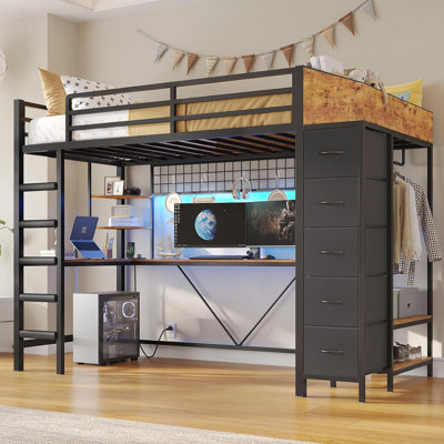 Loft Bed with Desk for Kids & Teens, High Sleeper with Computer Desk for Kids' Room, Small Space, Game Room, Includes LED Lights