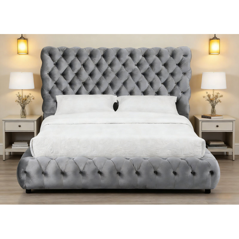 Lit tapissier, cadre de lit tapissier, tête et pied de lit capitonnés, aucun sommier requis, Beige, Grand lit