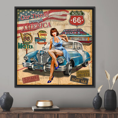 American Garage Art mettant en vedette une femme avec une voiture rétro sur toile