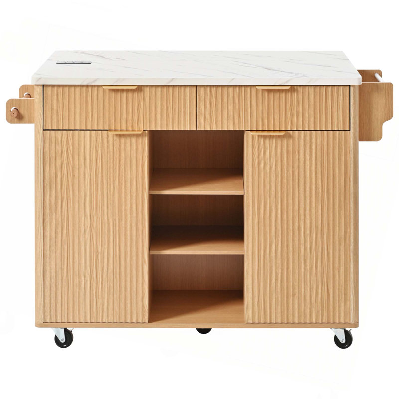 Îlot de cuisine 52 po cannelé avec rallonge, prise de courant, tablettes réglables, 2 portes et 2 tiroirs, Naturel / granit