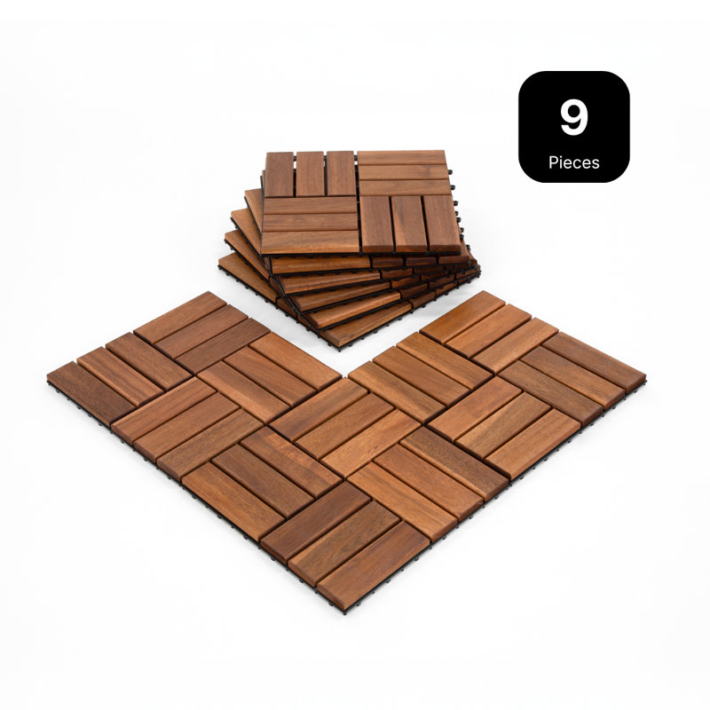 Ensemble de 9 tuiles de terrasse FRASER pour balcon, bord de piscine, espace extérieur - tuiles de terrasse imperméables en acacia massif - plancher / patio (12 x 12 pouces)