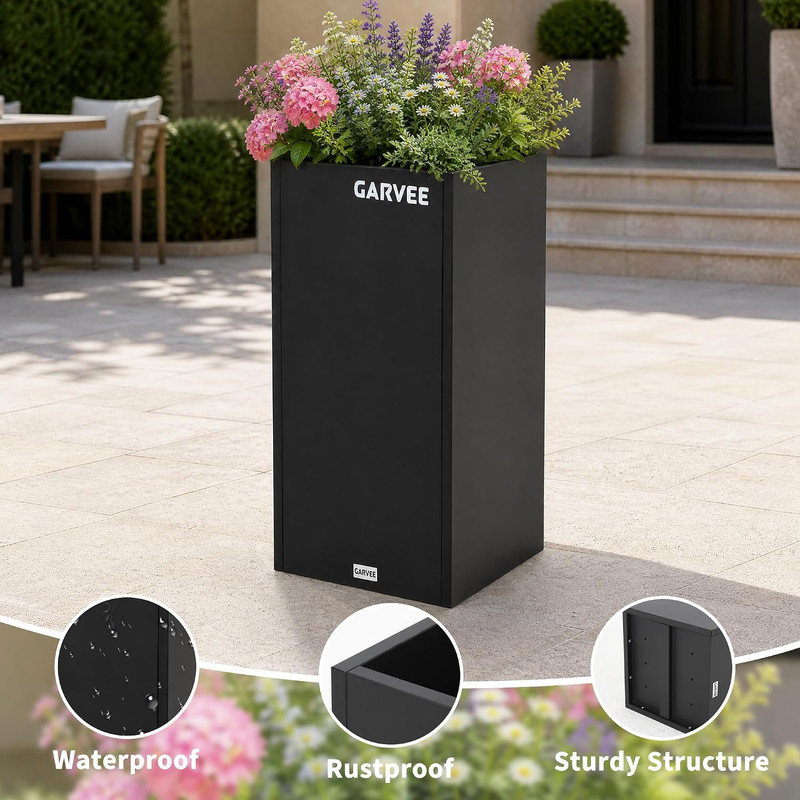 Boîte à fleurs de 15 po x 15 po x 30 po en métal avec séparateur réglable et cadre double couche, pot de fleurs d'extérieur robuste pour porche de patio