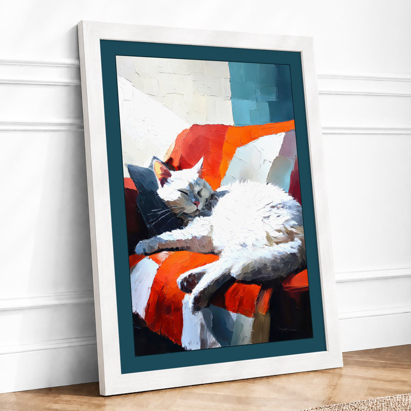 Cat On Colourful Stripes Modern - Single Picture Frame Print, A3 - 42.0 x 29.7 cm, White