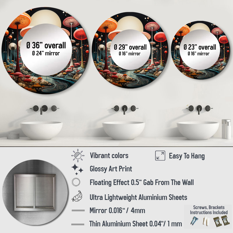 Miroir mural coloré Mid Mid Century Mid-Century Mushroom Dreams III, 23 po x 23 po