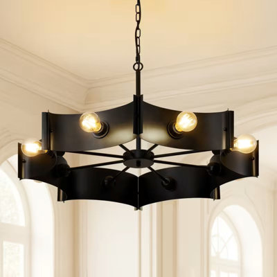 Luminaire suspendu moderne en fer noir à 8 têtes - grand lustre pour plafonds hauts, conception semi-encastrée ou profil bas, câblé 110 V, abat-jour et commande d'interrupteur, éclairage contemporain minimaliste pour le salon, la chambre à coucher