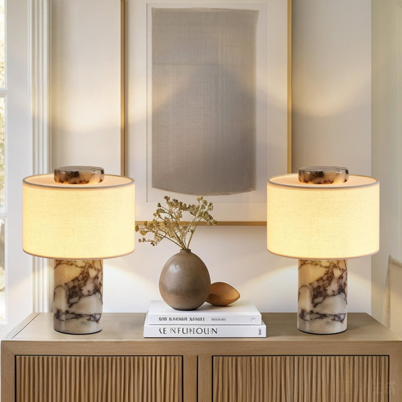 Ensemble de 2 lampes de table en marbre naturel sans fil, à intensité variable, à intensité variable, 3 lumières à DEL avec abat-jour en lin pour bureau de table de chevet