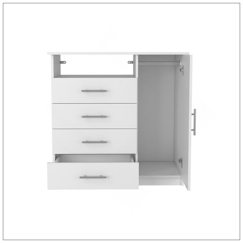 Commode 4 tiroirs, 1 tablette ouverte, plateau supérieur, armoire à une porte, blanc, Blanc