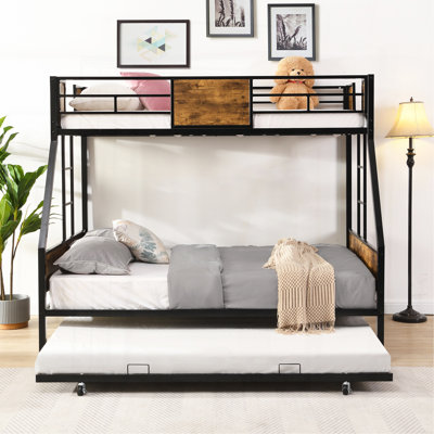 Lit superposé simple au-dessus d'un lit double en métal avec gigogne 2 - échelle latérale et garde-corps sur toute la longueur, pas de sommier nécessaire, grand rangement sous le lit, assemblage facile, noir et brun