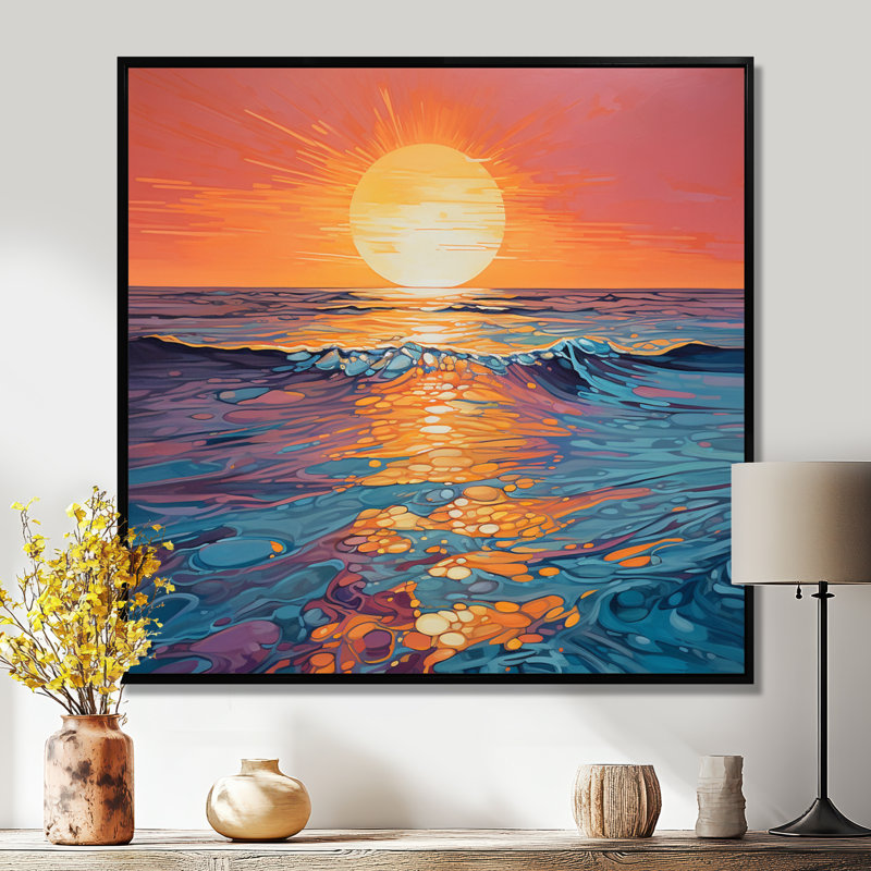Golden Sunset Reflections Of Calm Ocean Blue Waves - Sunset, impression d'art mural, Toile avec cadre flottant noir
