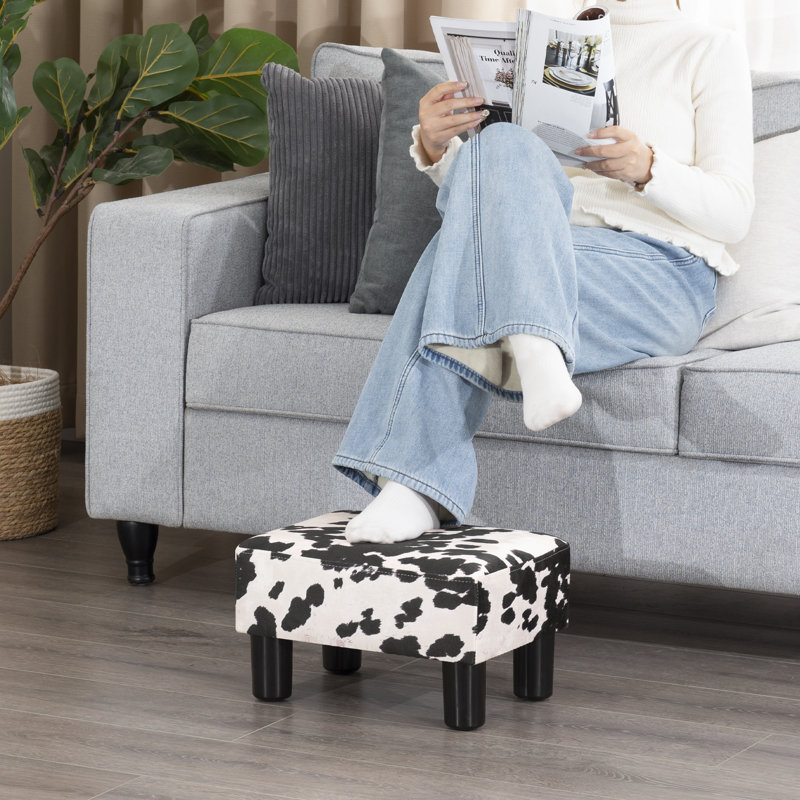 15 Inch Upholstered Ottoman Footstool with Cow Print
