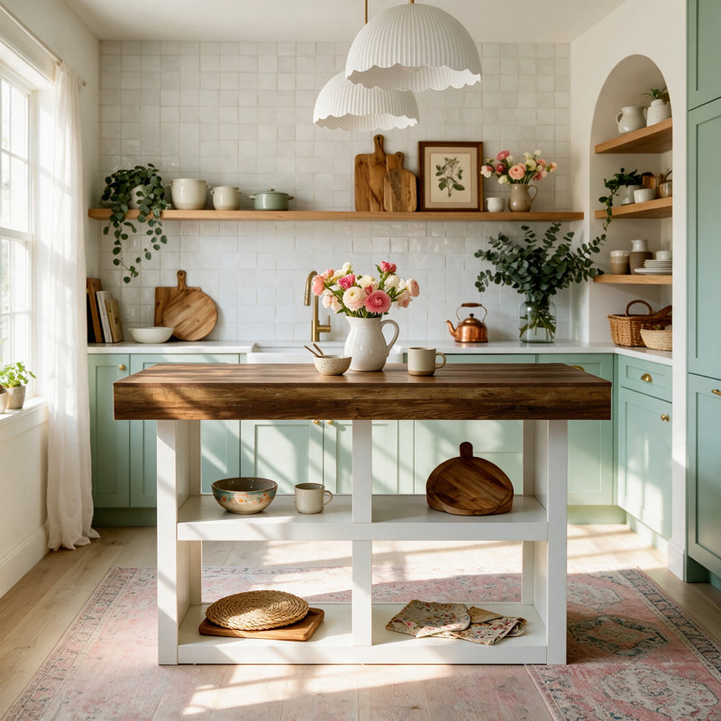 Îlot de cuisine de 140 cm avec rangement, table en bois, brun et blanc