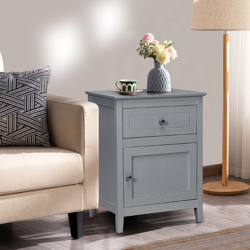 Bourrache Wooden Nightstand with Drawer and Cabinet, Gray