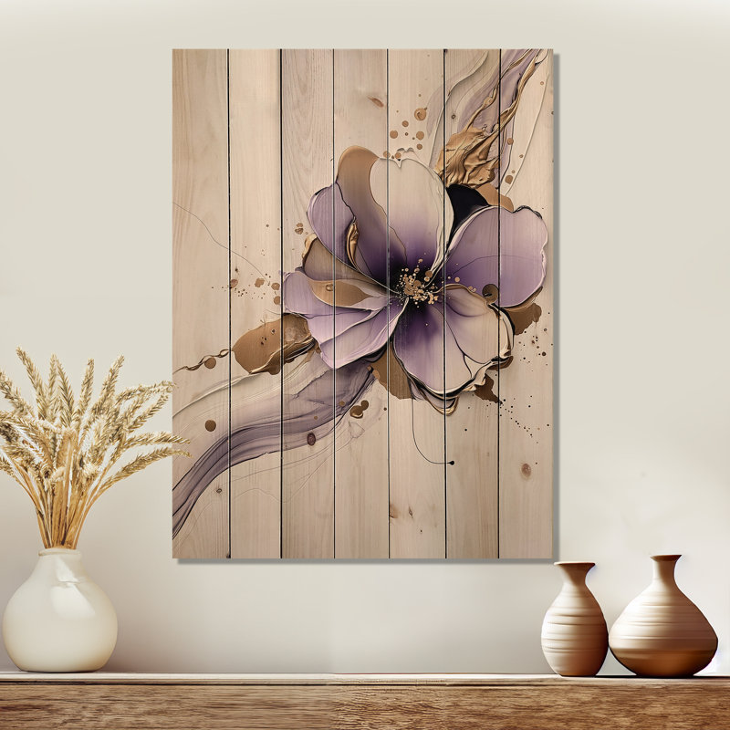 Pivoine mauve liquide avec piscine - décoration murale moderne sur bois de pin naturel, H 32 po x l 24 po x P 0,78 po