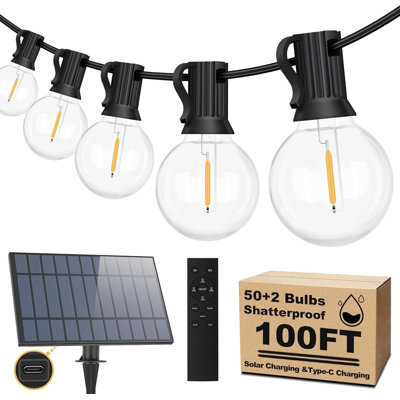Guirlande 100 lumières solaires extérieures avec télécommande et lumières à intensité variable pour l'extérieur avec 52 ampoules incassables