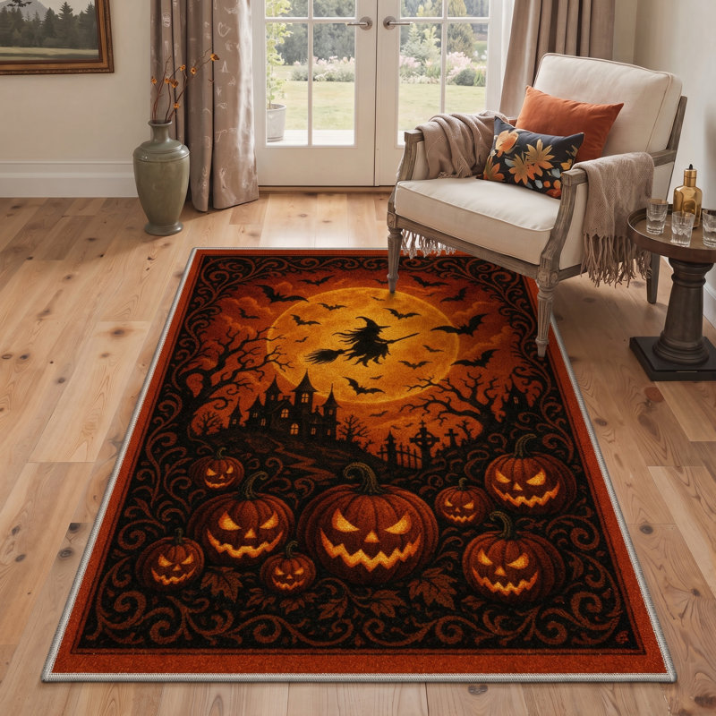 Tapis d'Halloween céleste, noir et orange, lavable à la machine, à poils courts, antidérapant, Rectangulaire 8 pi x 10 pi