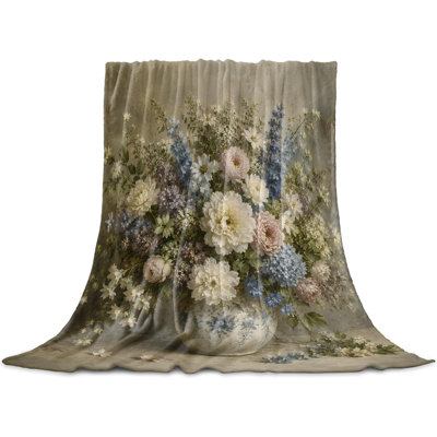 Jeté rustique fleurs pour canapé, pastorale hortensias marguerites à motif floral rétro en flanelle légère, couverture en microfibre toutes saisons pour canapé-lit de bureau, 60 x 80 po