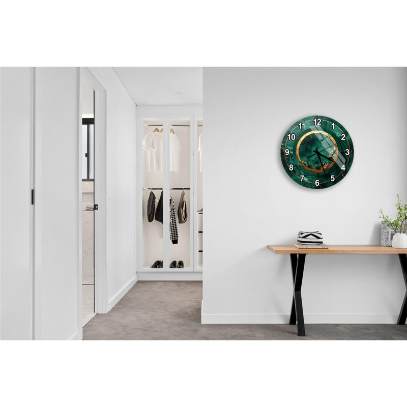 Horloge murale émeraude en verre trempé doré, horloge d'art moderne, horloge silencieuse, horloge de décoration intérieure, horloge de salon