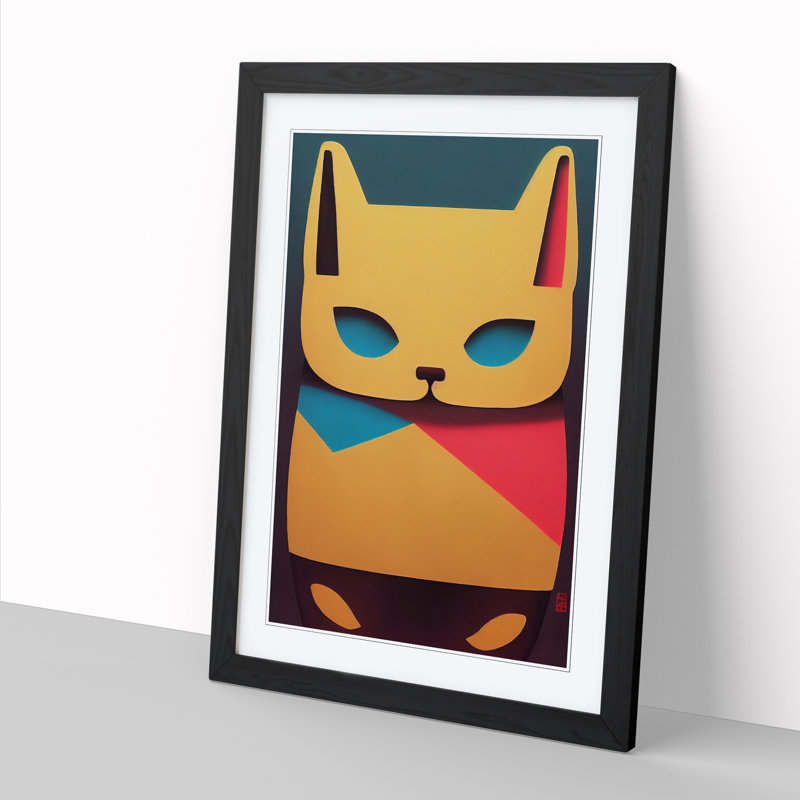 Maneki Neko Cat Cubism - Single Picture Frame Print, 64cm H x 46cm W x 2cm D, Oak