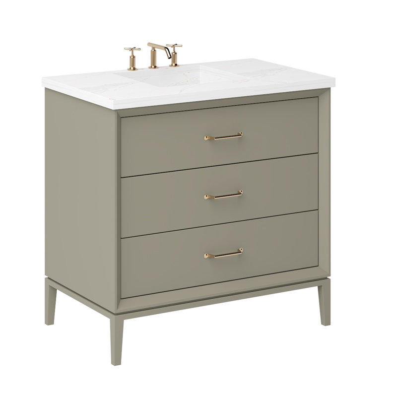 Meuble-lavabo simple à trois tiroirs Alexandra, 42", Olive française, Or satiné