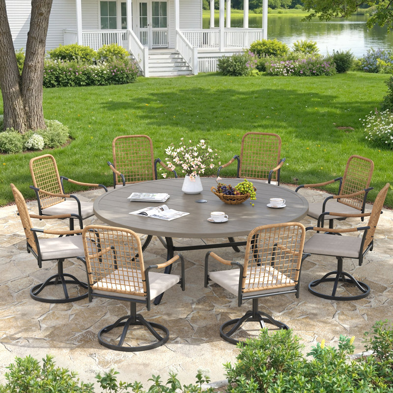 8-person Outdoor Patio Dining Set With Swivel Rattan Armchair, Gray Woodlike/Black
