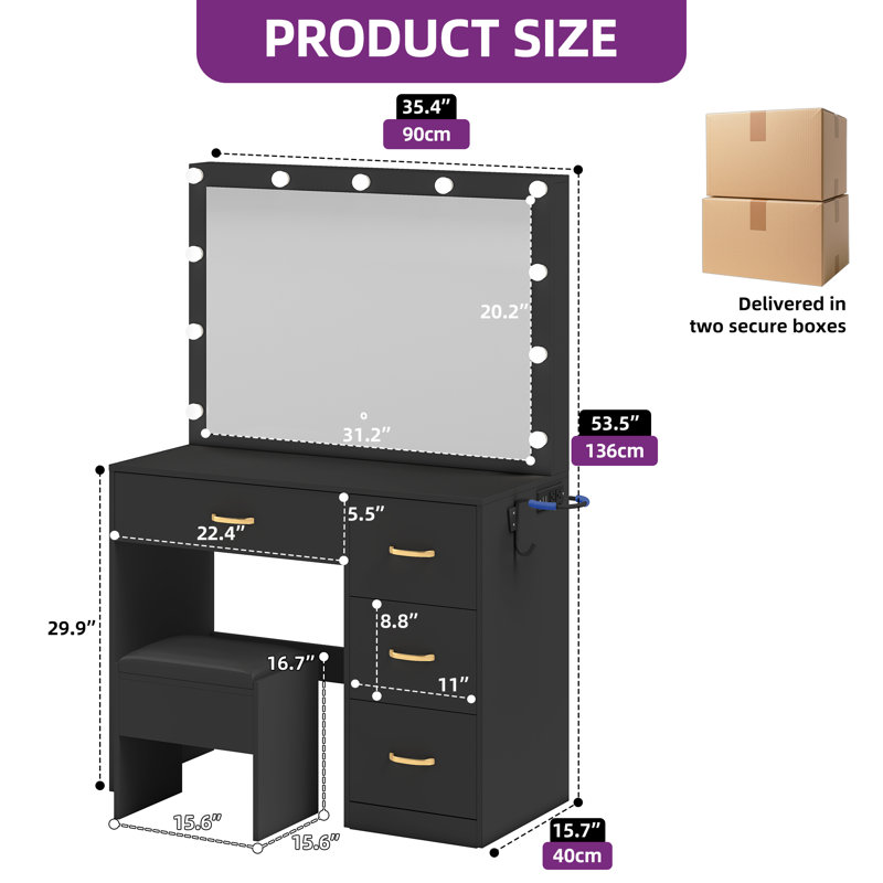 Makeup Vanity With LED Mirror, Black