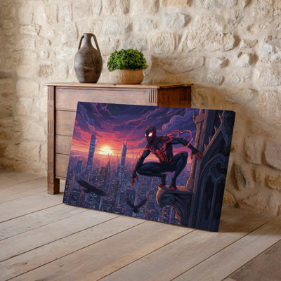 Canvas A Superhero Clad In A Sleek Black Suit Adorned With Wall Art Vibrant Red Web Patterns Crouches On The Edge Of A For Modern Home Canvas Wall Art
