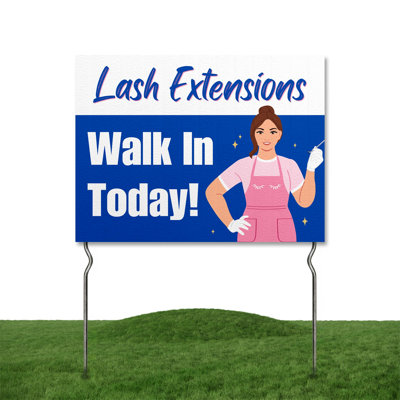 Lash Extensions - Walk In Todday! Yard Sign by DC | 24"x18" Double Sided Lashes & Brows Garden Sign with 13” Metal Stakes | Outdoor Signs Waterproof for Lawn, Patio, Sidewalk & House | Set of 1