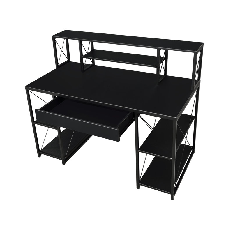Bureau noir moderne avec un grand plateau de travail et un tiroir