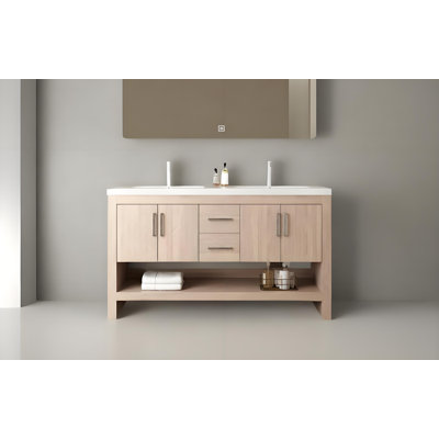 Meuble-lavabo autoportant de 60 po avec deux lavabos, armoire en contreplaqué avec 2 tiroirs, 4 portes et une tablette ouverte, lavabo intégré en acrylique blanc