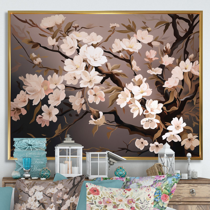 Branche avec fleurs de cerisier roses et blanches I - impression, 30" H x 40" W, Cadre flottant doré