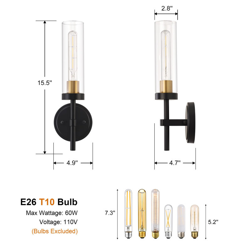 Black and Gold Hardwired Wall Sconces Set of 2, Modern Bathroom Vanity Sconces Wall Lighting with Clear Glass Shade, Farmhouse Wall Mount Lights for Mirror Bedroom Living Room Hallway Kitchen