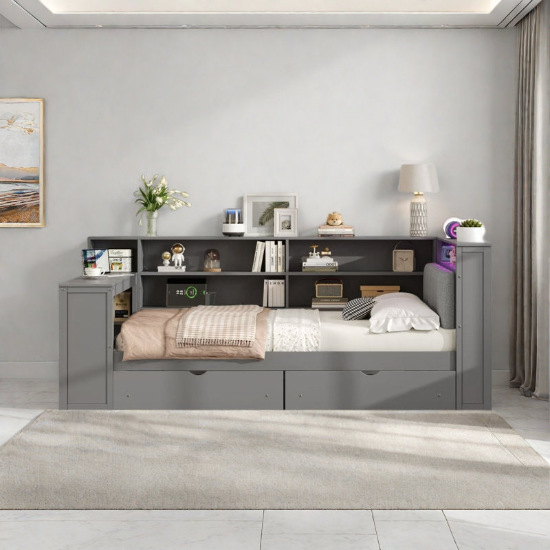 Wood Daybed With Storage Shelves, 2 Drawers, Charging Station, Led, Desk And Upholstered Headboard, Full, Gray