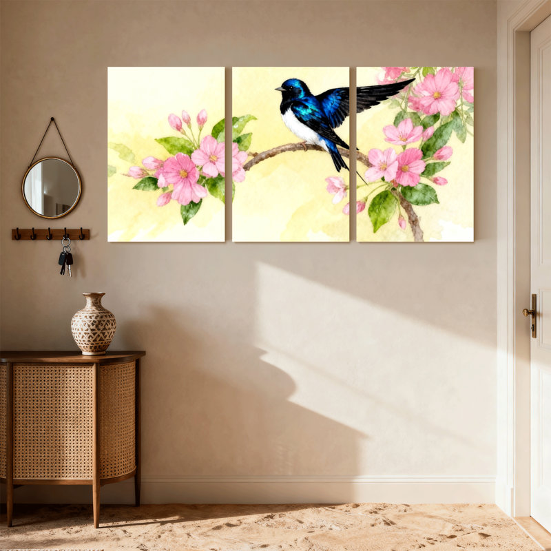 Oiseaux perchés sur une branche en fleurs avec fleurs roses, ensemble de 3 impressions sur toile, H 30 po x l 60 po
