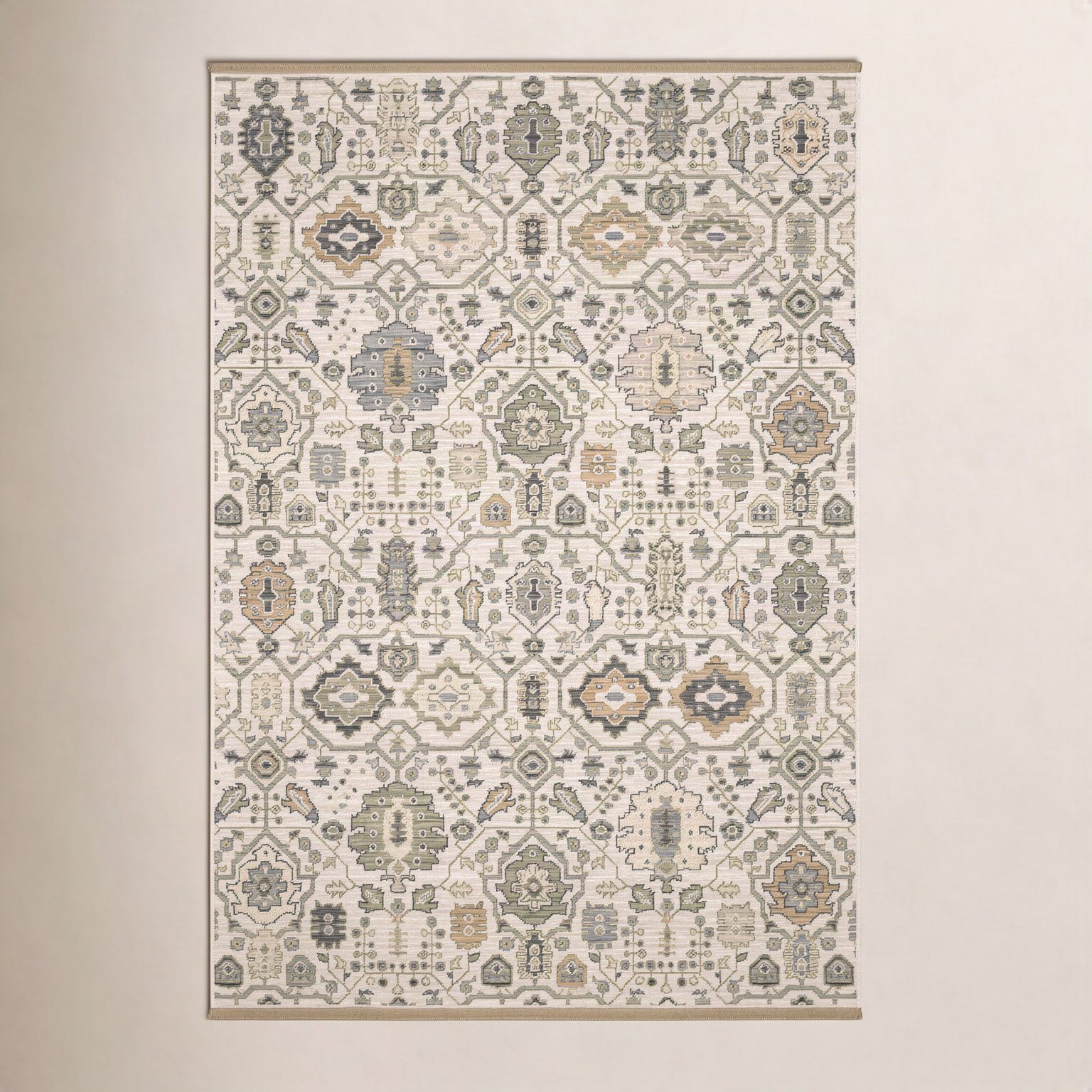 Abena Ivory Gold Oriental Wool Rug, Rectangle 6'7" x 9'6"