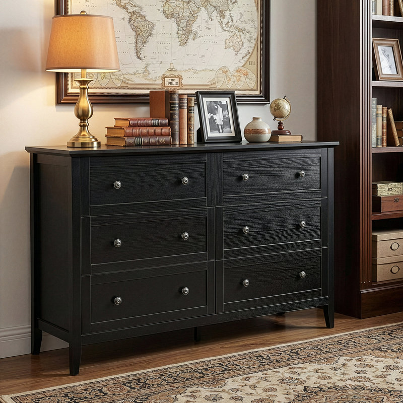 47 Inch Six Drawer Cabinet With Double Row Dual Handles Frame Design Melamine Finish, Black