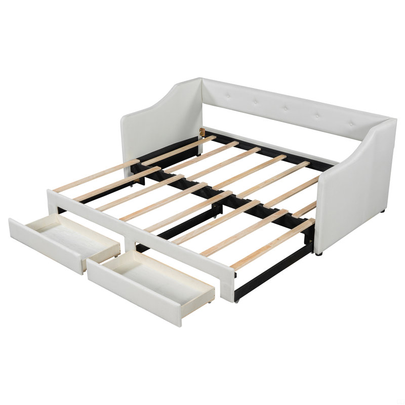 Twin XL To King Upholstered Daybed With Two Drawers, Beige