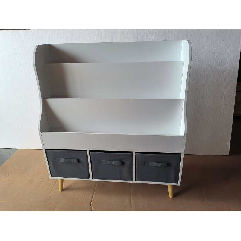 Bibliothèque pour enfants avec 3 bacs de rangement en tissu, organisateur en bois blanc pour tout-petits et enfants, conception frontale avec pieds en pin