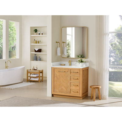 Meuble-lavabo simple 36 po Carrasco en chêne naturel brun avec plateau en pierre de quartz blanc soyeux