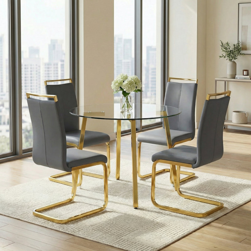 Ensemble de salle à manger 3 pièces en verre trempé rond moderne avec chaises en porte-à-faux, 3 pièces: 1 table, 2 chaises