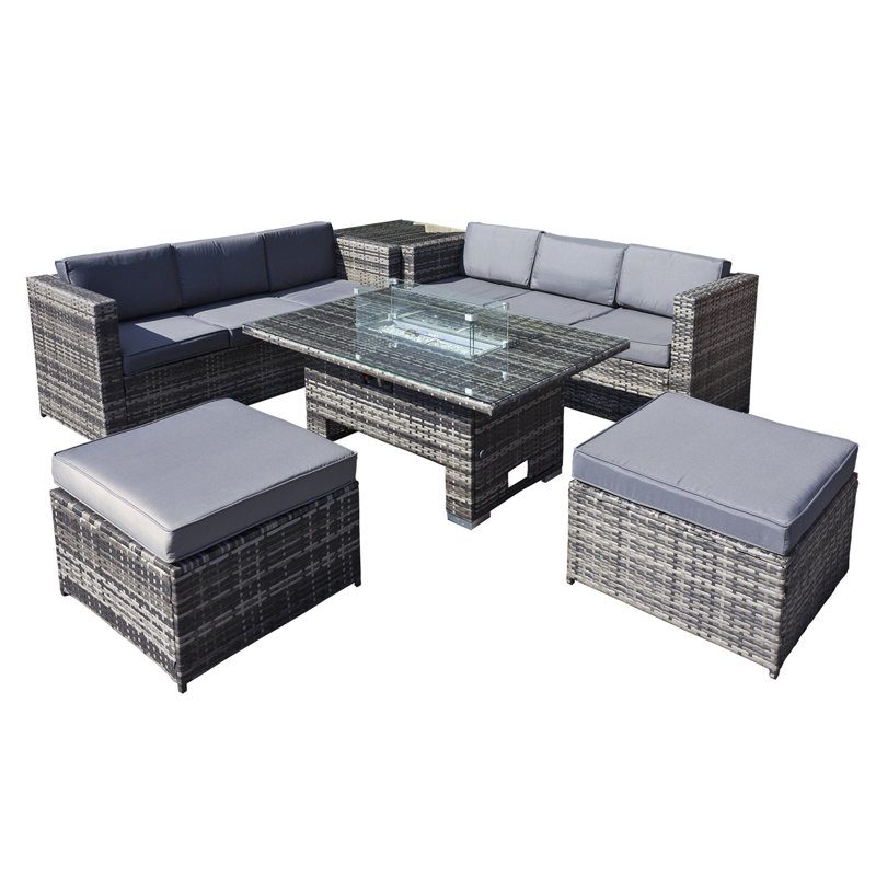 Malta Rattan 8 Seat Rising Firepit Corner Set in Grey Walnut with 2 Footstools