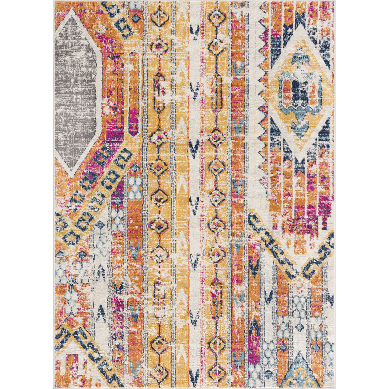 Tapis jaune à motif abstrait Kymiere, Rectangle 2 pi 3 po x 3 pi 7 po