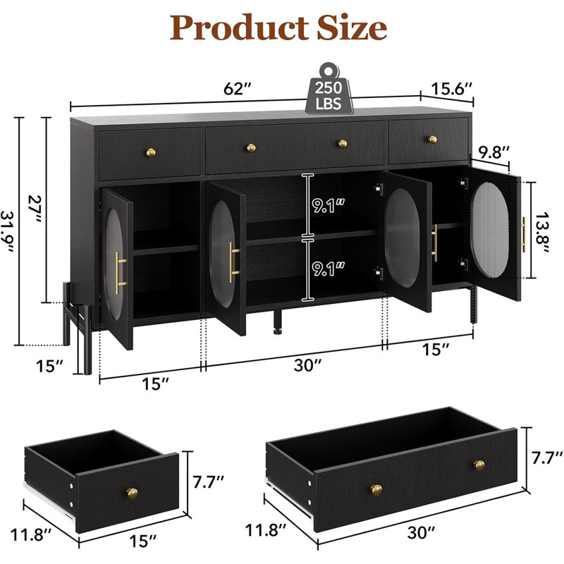 Black Iron and Engineered Wood Buffet Cabinet with Fluted Glass Doors