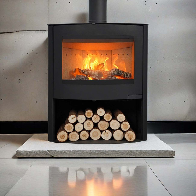 Curved wood fireplace for domestic heating