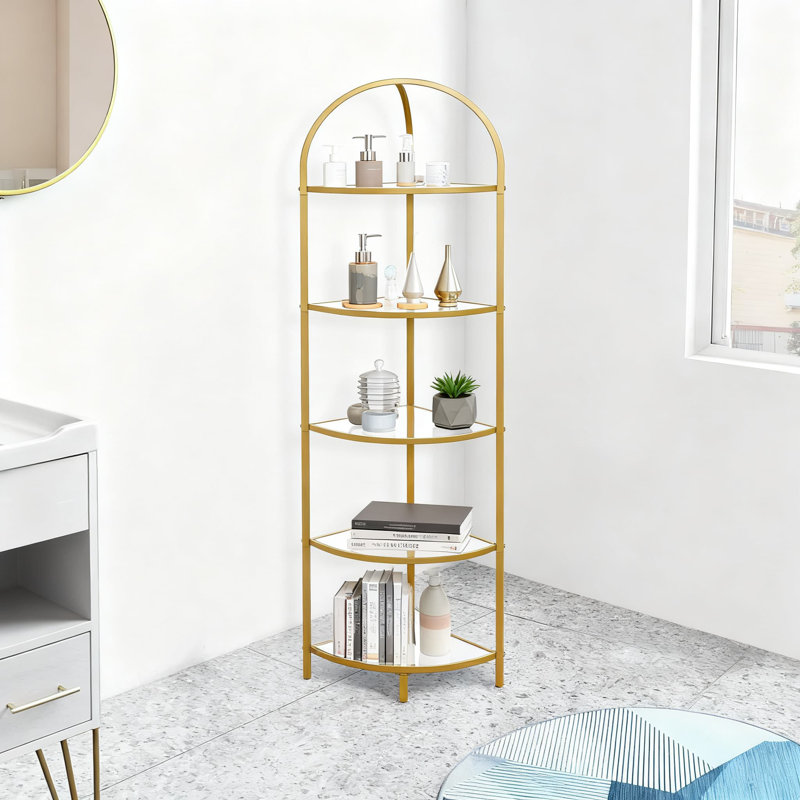 5-Tier Corner Shelf With Tempered Glass, Modern Metal Storage Rack For Bathroom, Books, And Plants, Space-Saving Design, Gold